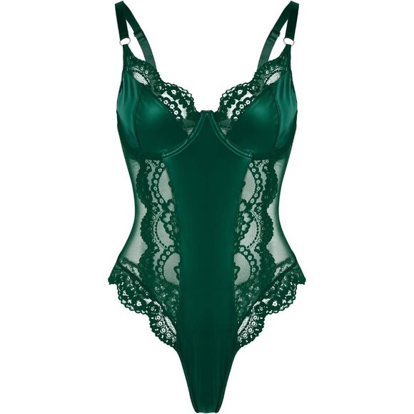 Sexy Leather Green Underwire Push Up Corset Lingerie Women Teddy Bodysuit Top - Picture 3 of 6
